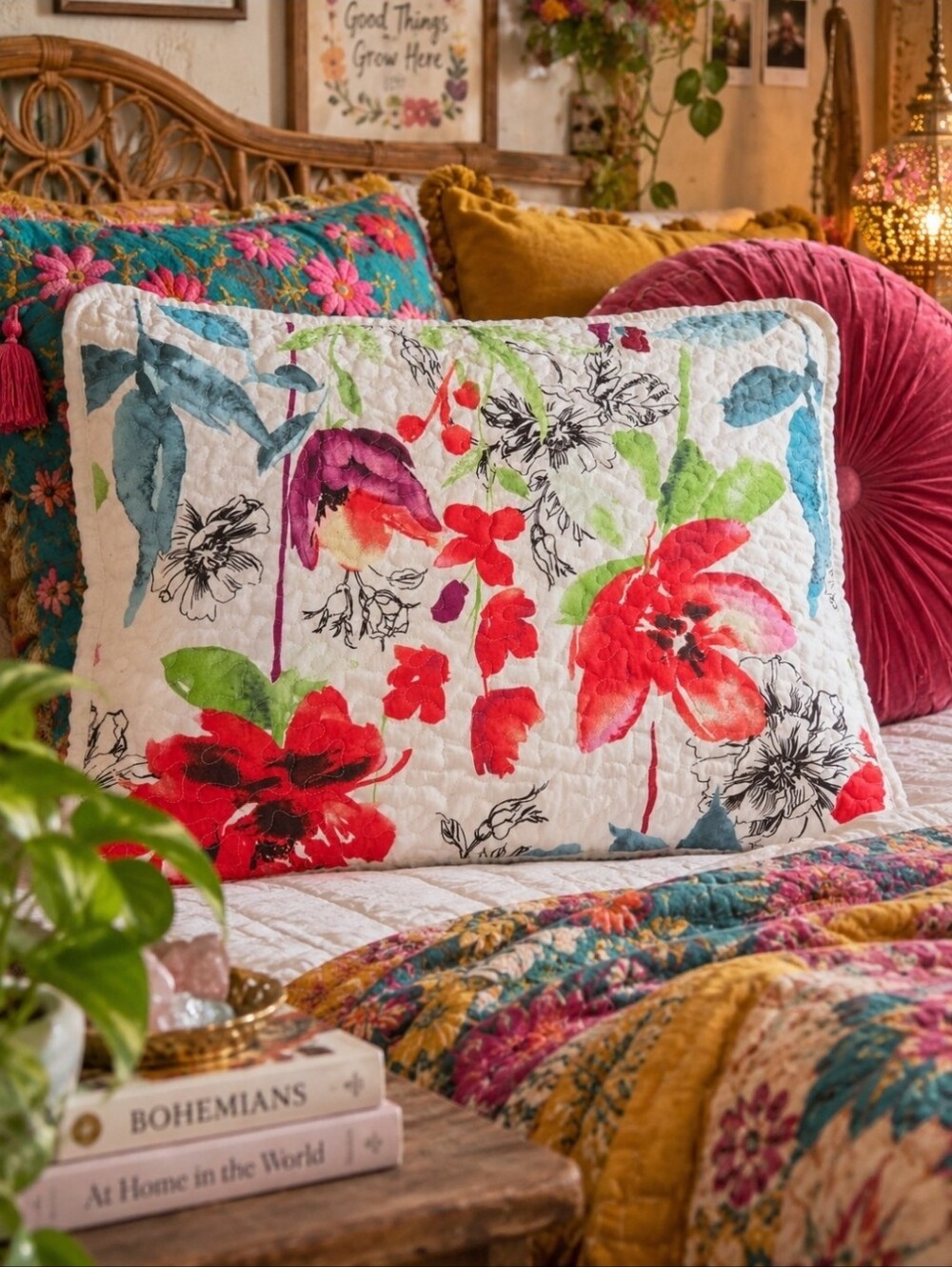 4/$15 24x19 Colorful Floral Quilted Accent Pillow Boho Maximalist Dopamine Decor